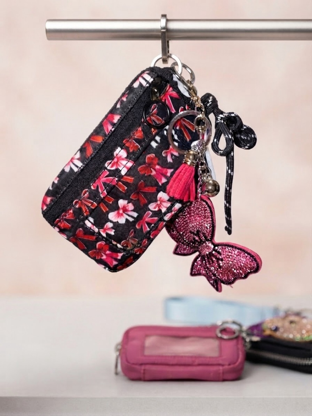 Floral Black and pink wrist wallet Bow Charm